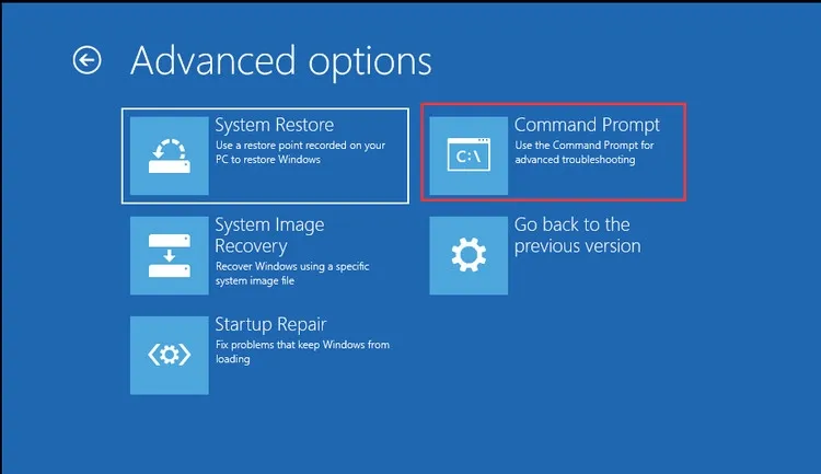 Giao diện các tùy chọn nâng cao trong Windows Recovery