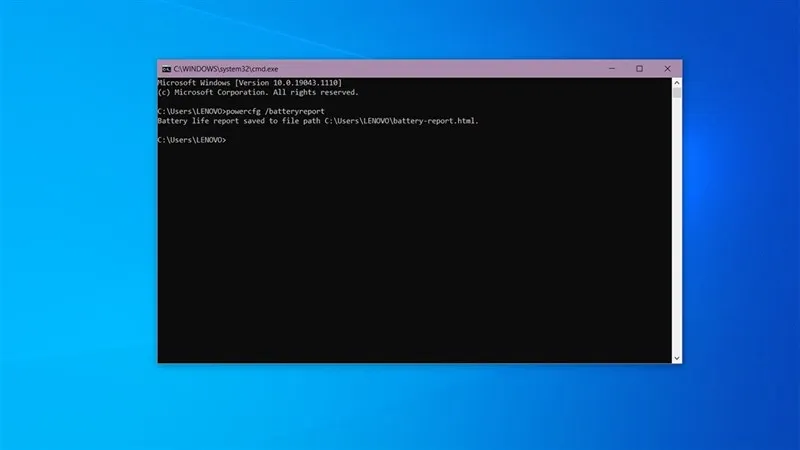 Lệnh powercfg /batteryreport hiển thị thông báo lưu file báo cáo