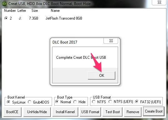Thông báo đã hoàn tất quá trình tạo bộ cài đặt cứu hộ đa năng