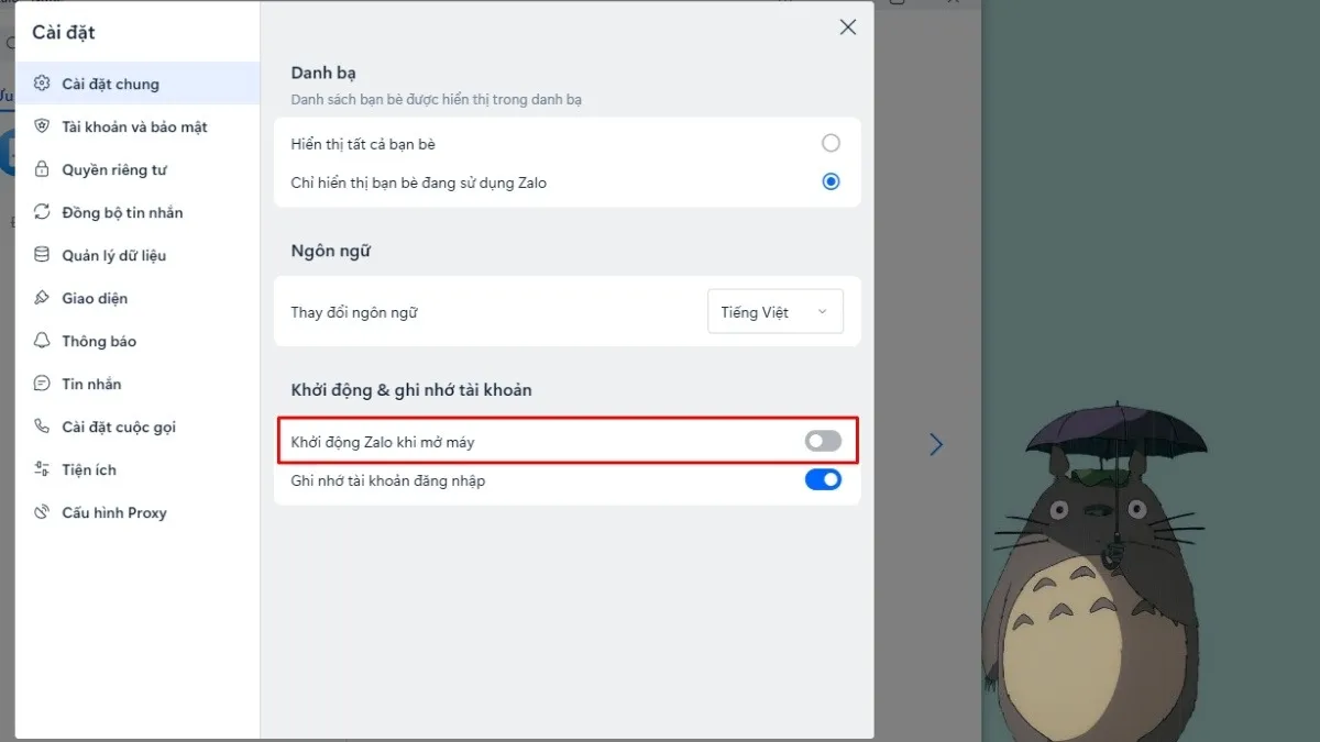 Tắt tự khởi động Zalo trong phần Cài đặt ứng dụng