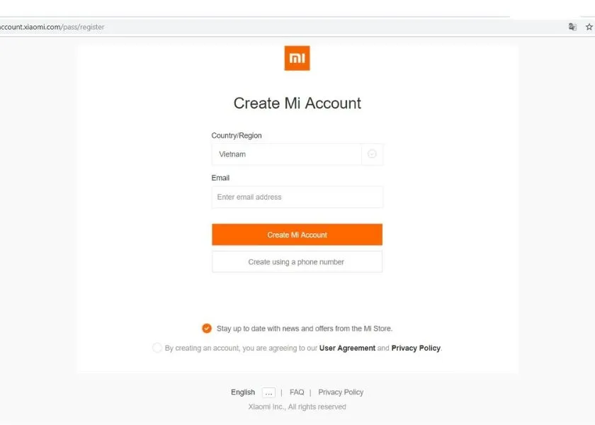 Giao diện đăng ký tài khoản Xiaomi trên trình duyệt web