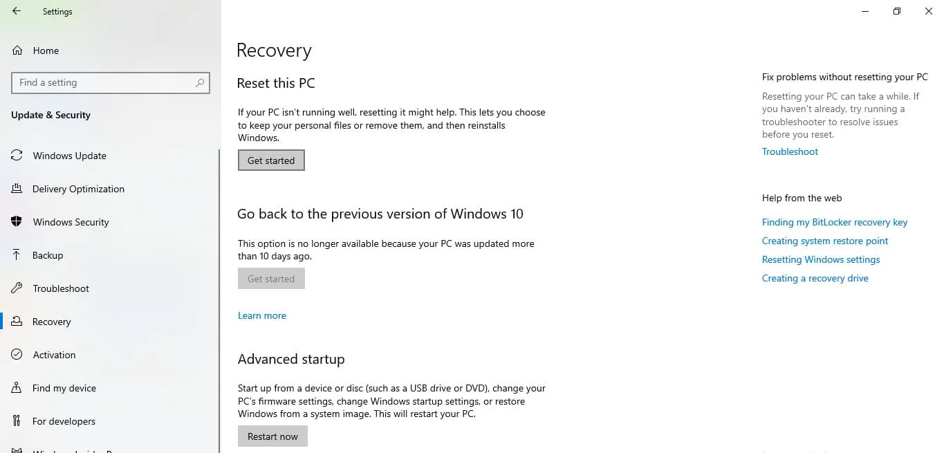 Giao diện bắt đầu quá trình reset máy tính giữ lại dữ liệu