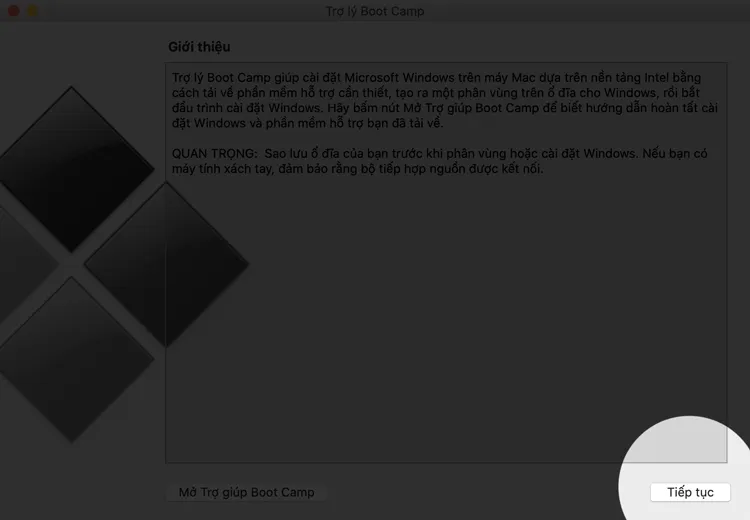 Giao diện bắt đầu của trình hỗ trợ cài đặt Boot Camp
