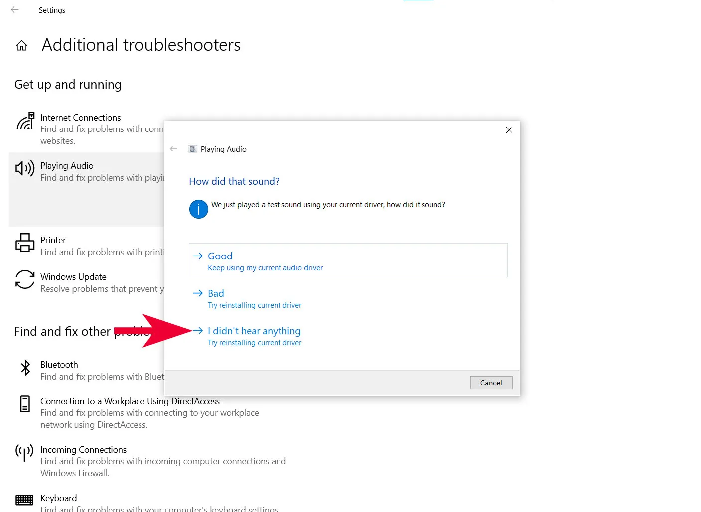 Xác nhận không nghe thấy âm thanh để Windows tự sửa lỗi