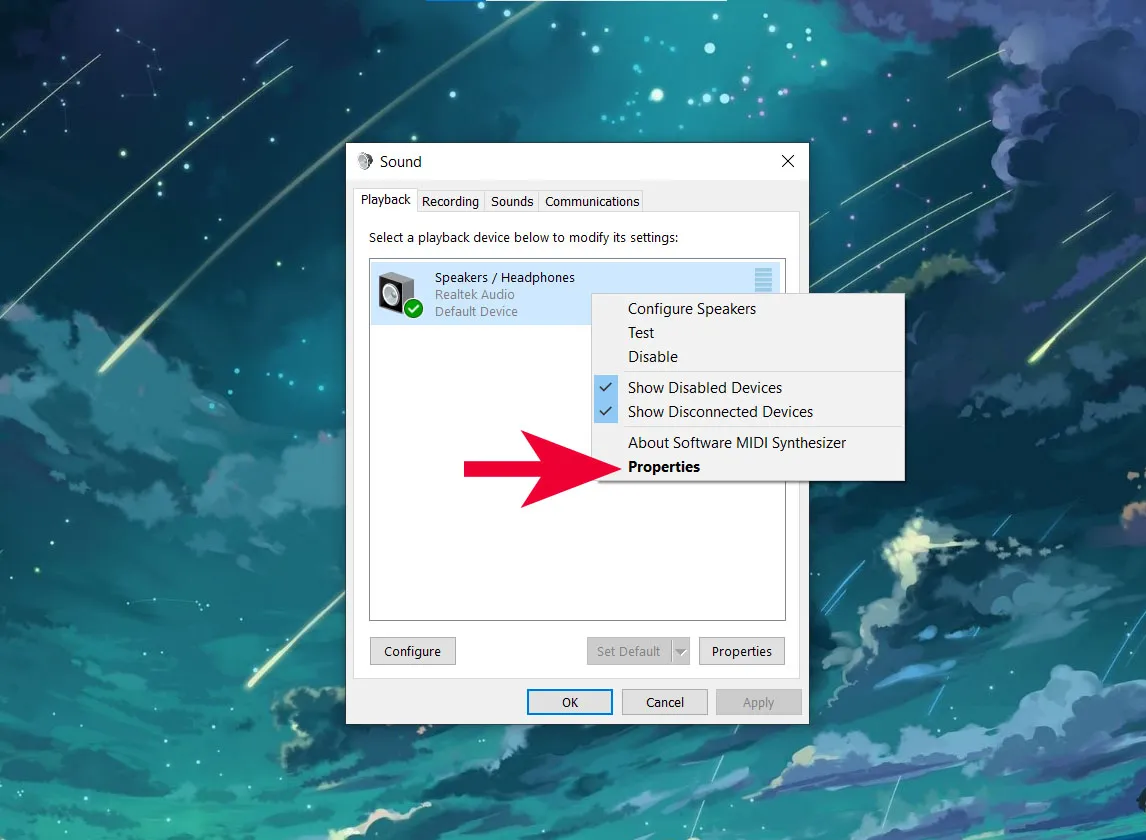Kiểm tra thuộc tính Properties của thiết bị Speakers/Headphones