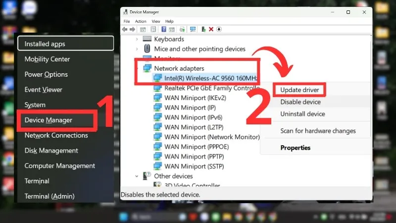 Cập nhật driver card mạng để sửa lỗi mất biểu tượng wifi
