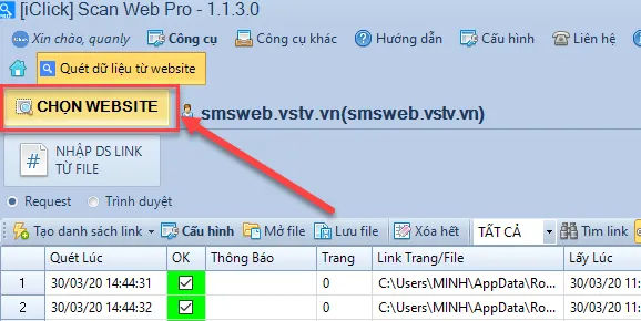 Bấm CHỌN WEBSITE sẽ load danh sách cấu hình nhanh hơn