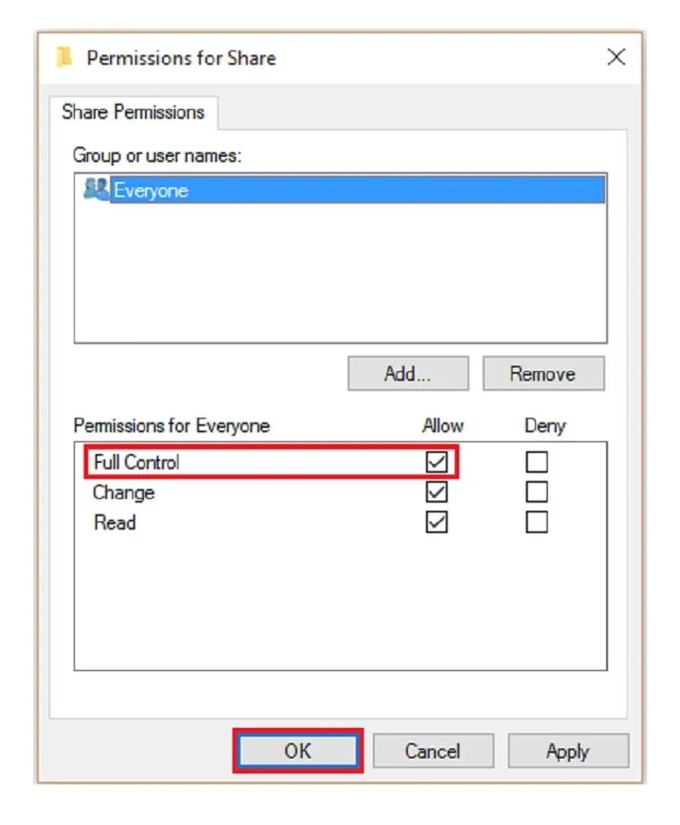 Cấp quyền Full Control để người dùng có thể chỉnh sửa tệp