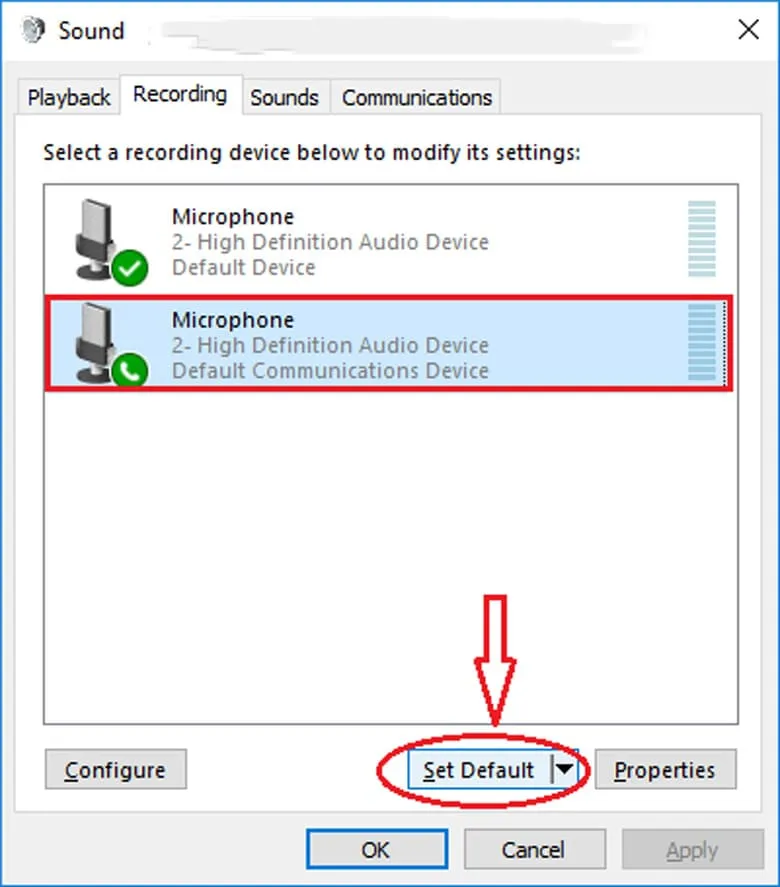 Cấu hình thiết bị ghi âm mặc định trên các dòng Windows cũ