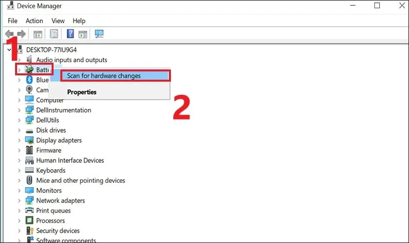Quét lại phần cứng để khôi phục Driver nhận sạc