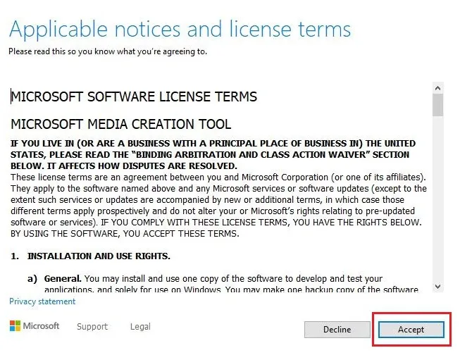 Chấp nhận các điều khoản của Microsoft để tiếp tục quá trình