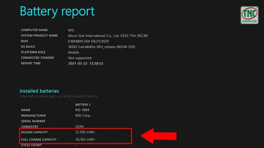 Báo cáo tình trạng pin chi tiết từ Windows