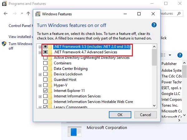 Chi tiết các mục phiên bản net framework trong cửa sổ Windows Features