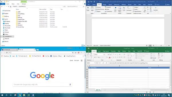 Chia màn hình thành 4 phần bằng cách kéo vào các góc