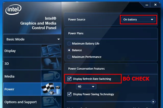 Tắt tính năng Display Refresh Rate Switching trên pin
