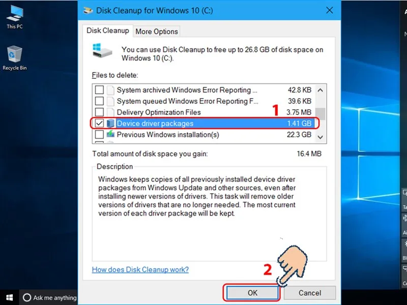 Chọn Device driver packages trong Disk Cleanup để xóa driver cũ không còn sử dụng
