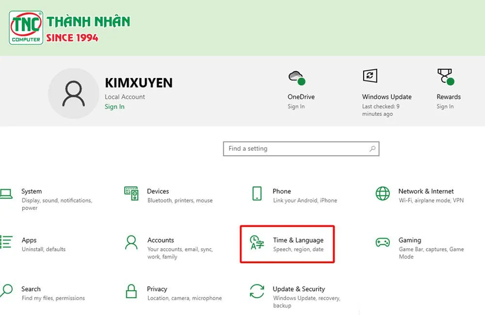 Vào mục Time and Language trong Settings của Windows
