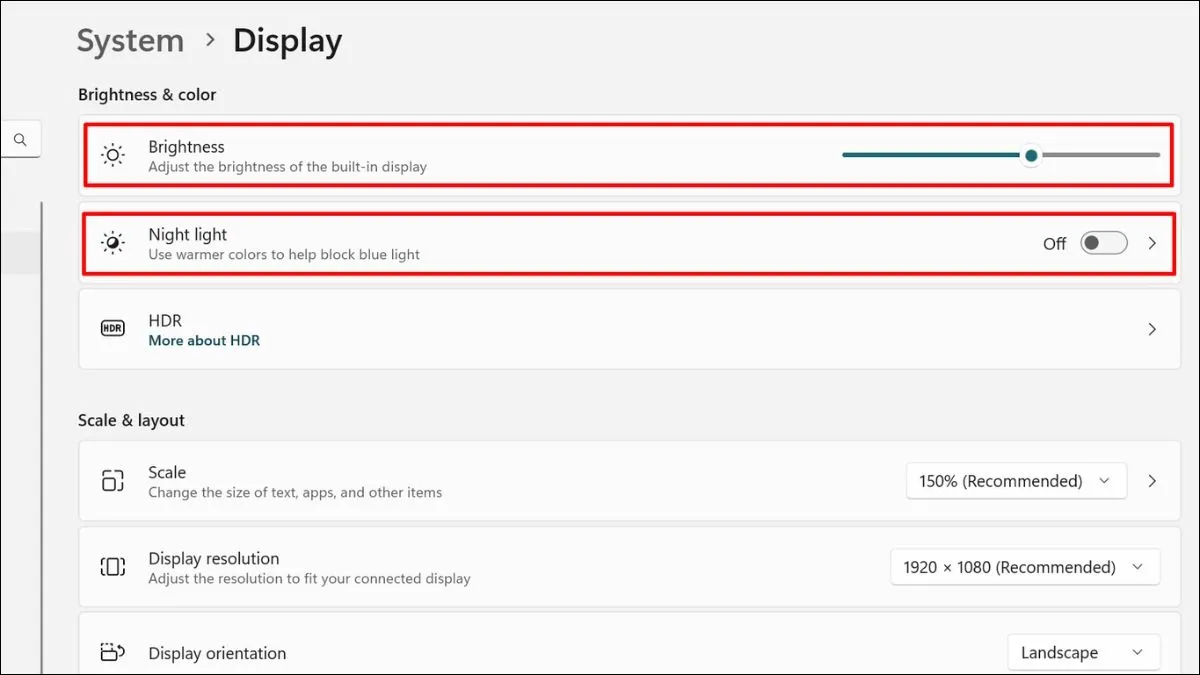 Cài đặt độ sáng trong Windows Settings