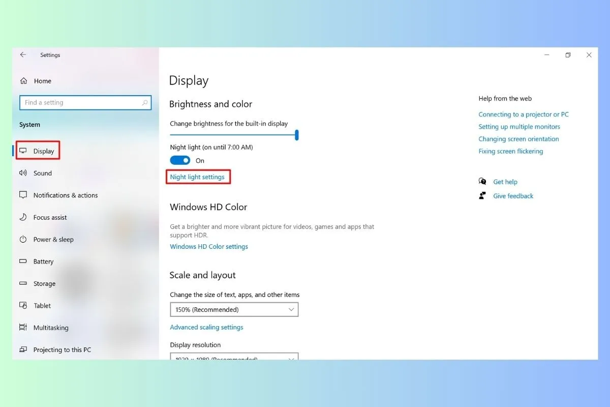 Bật Night Light trong cài đặt Display
