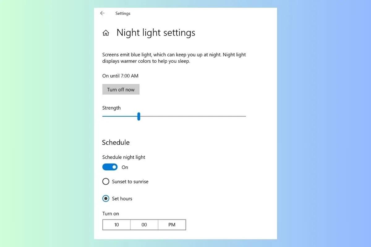 Tùy chỉnh lịch trình Night Light
