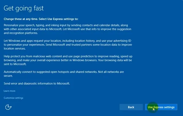 Chọn cài đặt nhanh Express settings cho hệ thống