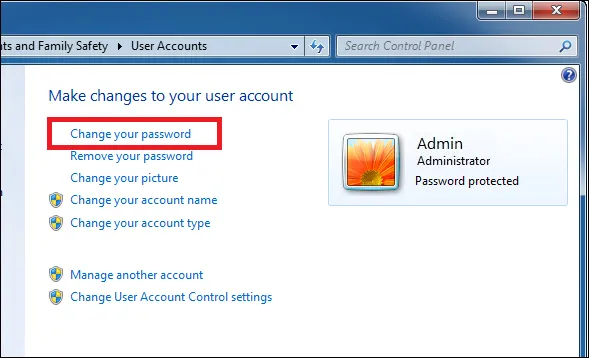 Chọn Change your password để cập nhật mã bảo vệ máy tính