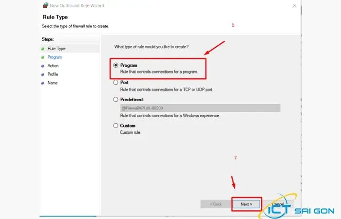 Chọn chế độ Program để chặn phần mềm kết nối internet bằng firewall win 10