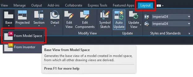Chọn công cụ VIEWBASE trong tab Layout