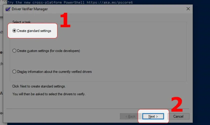 Chọn Create standard settings, nhấn Next để tiếp tục