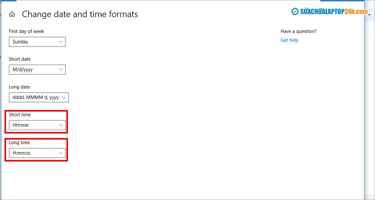Chọn đúng định dạng H:mm hoặc HH:mm cho mục Short time và Long time