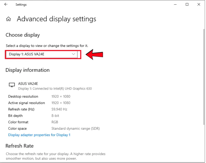 Chọn đúng màn hình cần điều chỉnh trong danh sách các thiết bị hiển thị đang kết nối