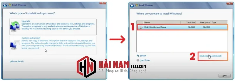 Chọn lựa phương thức cài đặt Custom để làm sạch ổ cứng