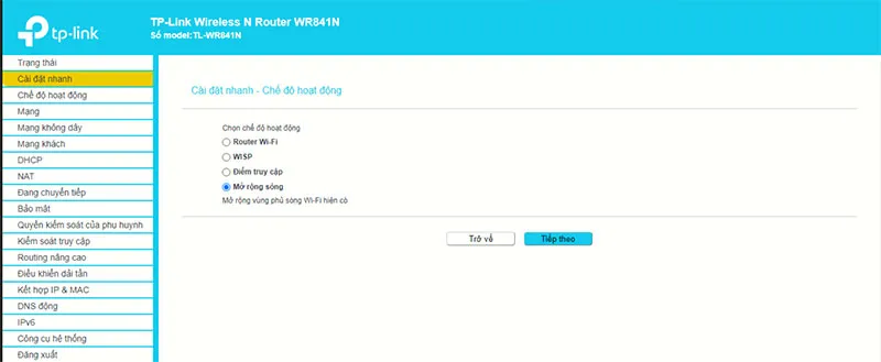 Chọn chế độ mở rộng sóng để khuếch đại tín hiệu WiFi