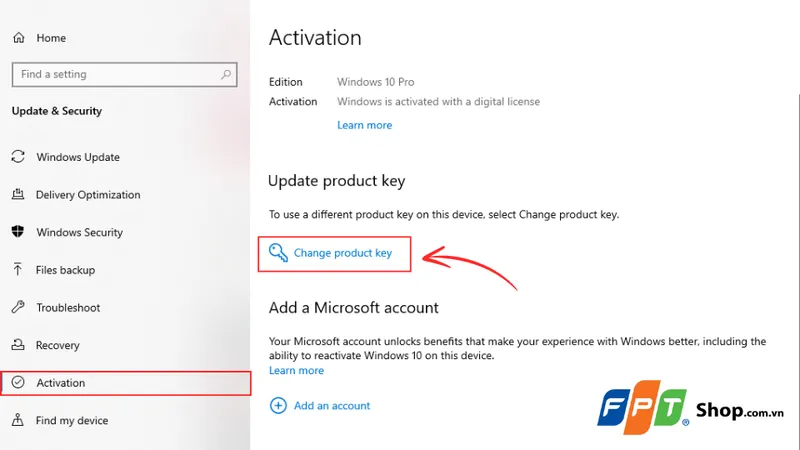 Chọn mục thay đổi mã sản phẩm để nhập key Windows mới mua