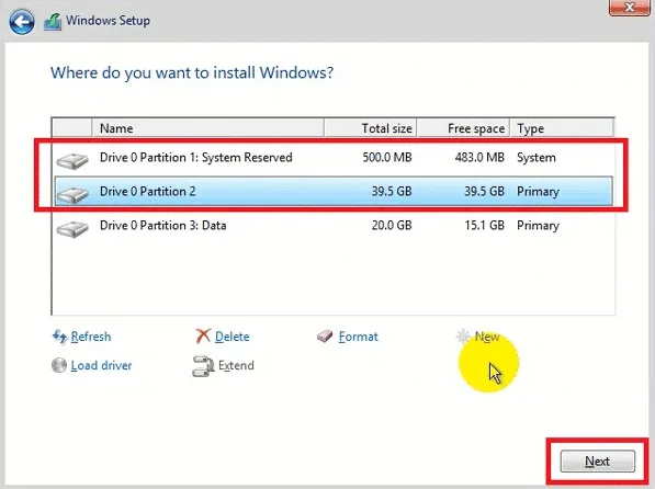 Chọn phân vùng chính và nhấn Next để bắt đầu cài đặt