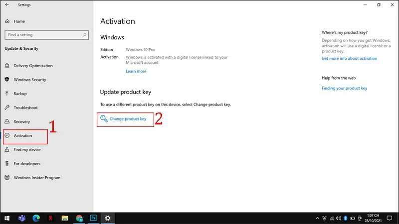 Chọn thay đổi mã sản phẩm để nhập key Windows mới
