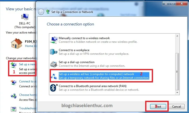 Chọn thiết lập wireless ad hoc để tạo mạng không dây mới