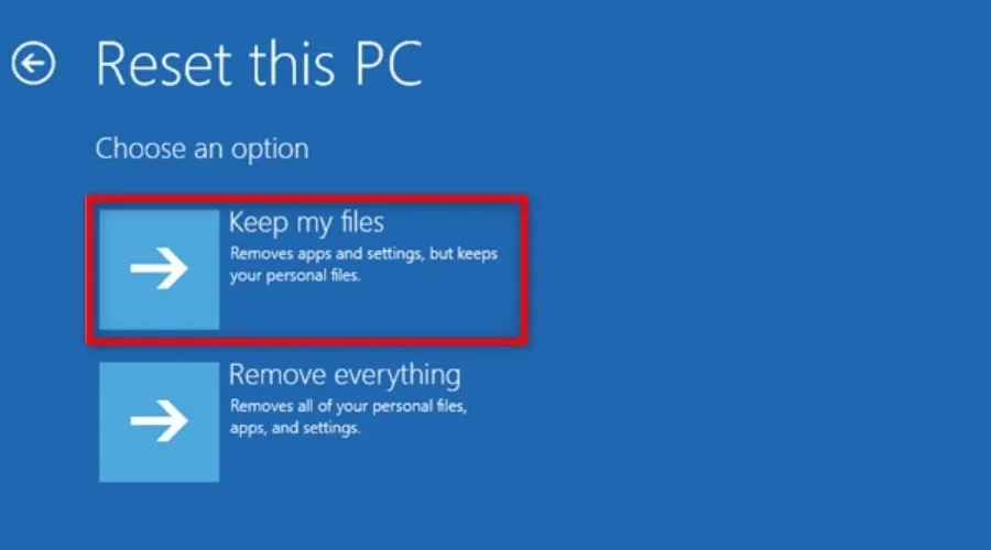 Chọn tùy chọn Keep my files để đảm bảo giữ lại toàn bộ dữ liệu cá nhân trên laptop Dell