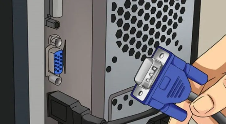 Bạn hãy cắm đầu dây VGA vào cổng VGA trên thùng PC