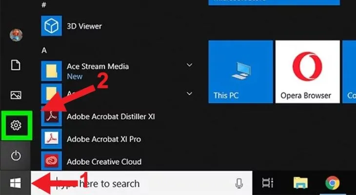 nhấn vào nút Start ở góc dưới cùng bên trái màn hình > Chọn Settings (Cài đặt).