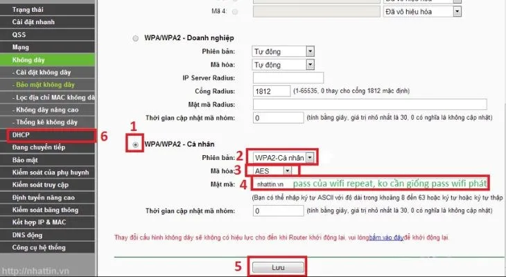 Thiết lập mật khẩu bảo mật chuẩn WPA/WPA2-PSK cho sóng wifi mới phát lại