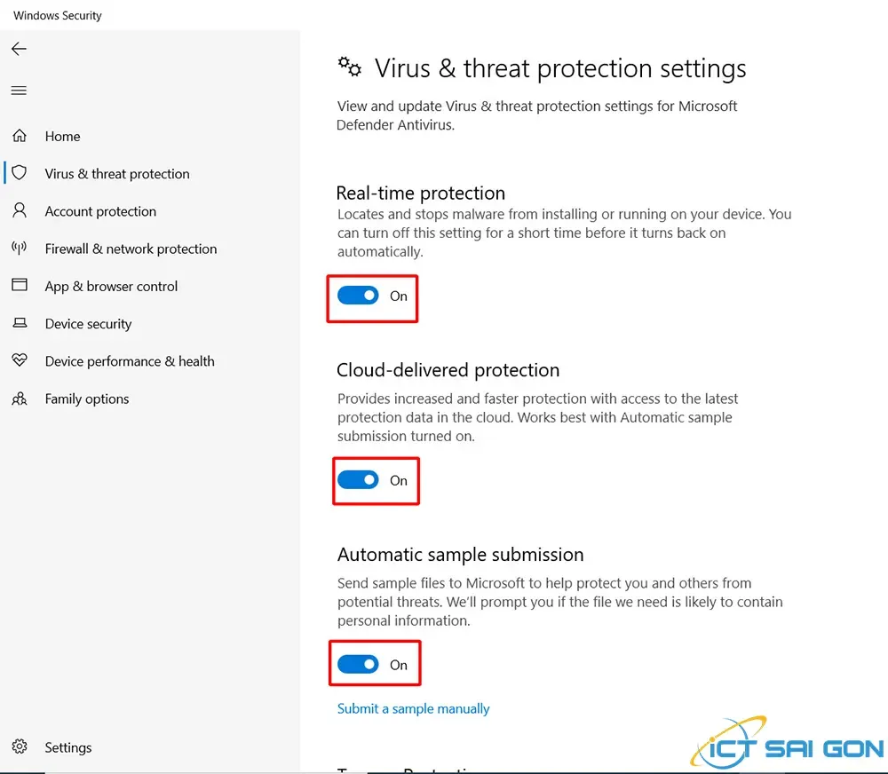Chuyển các mục bảo vệ sang Off trong cách tắt virus & threat protection win 10