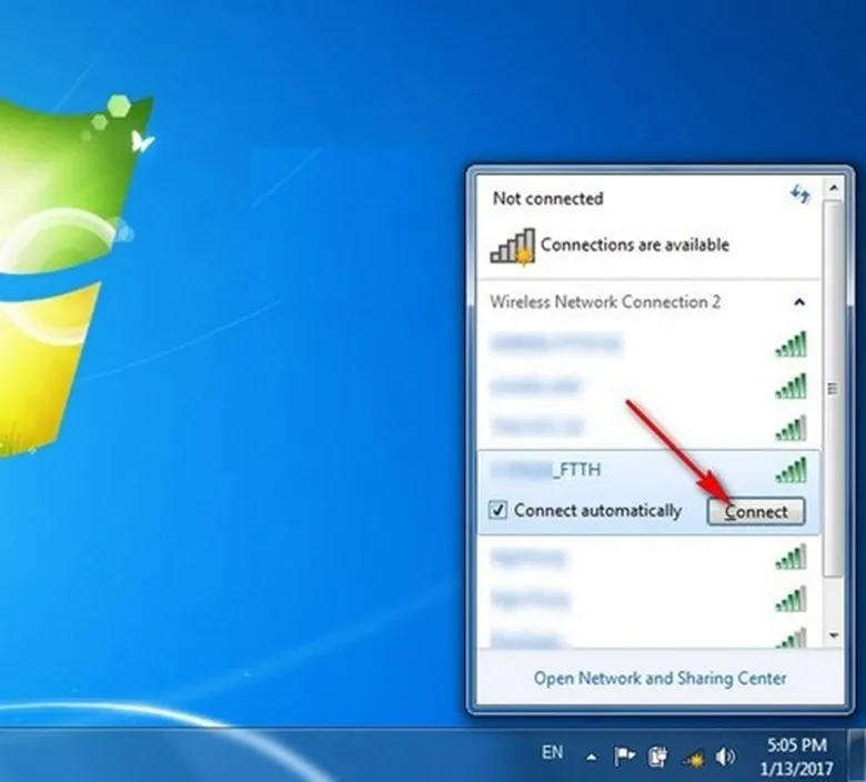 Cửa sổ kết nối WiFi trên Windows 7 yêu cầu nhập mật khẩu bảo mật