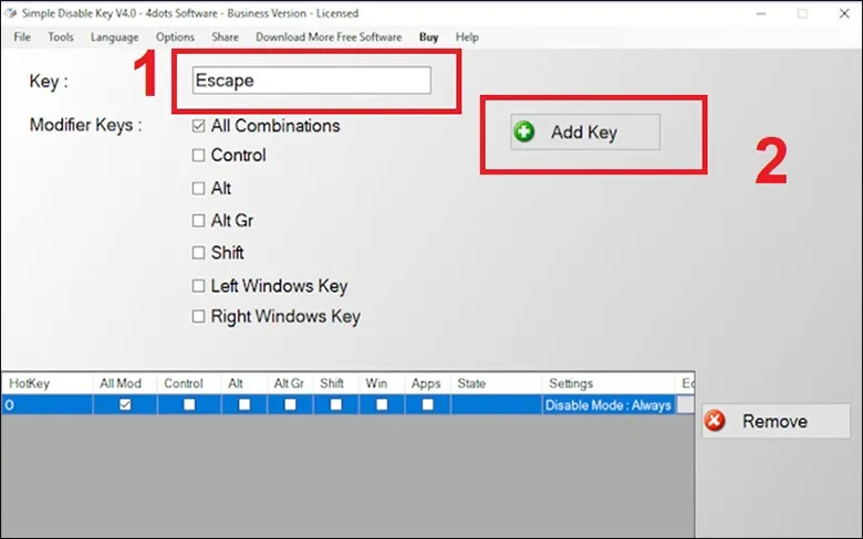 Giao diện Simple Disable Key với danh sách phím đã chọn