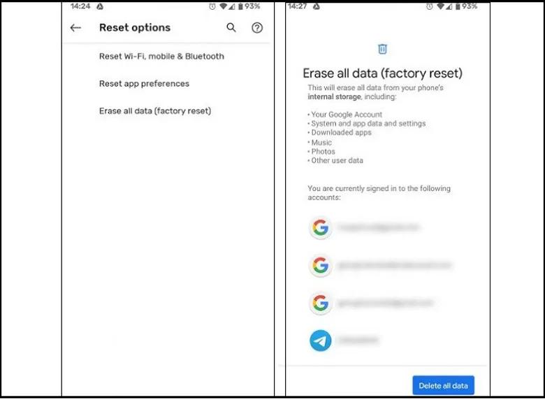 Chạy lại chương trình điện thoại Samsung xác nhận nút Delete all để reset tất cả về trạng thái ban đầu