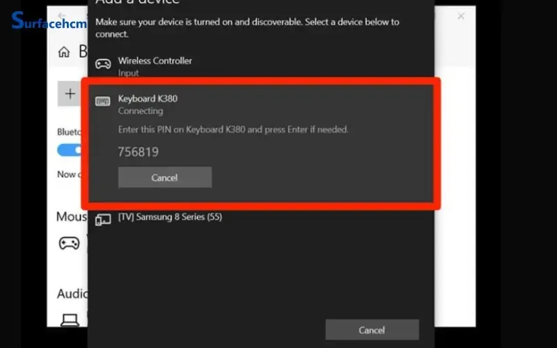 Chọn tên bàn phím trong danh sách thiết bị Bluetooth