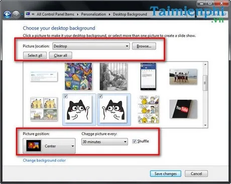 Cửa sổ chọn hình nền và duyệt thư mục ảnh trong Windows 7
