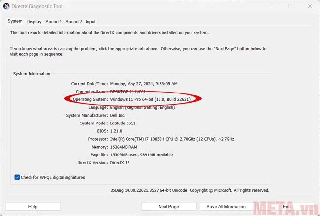 Cửa sổ DirectX Diagnostic Tool hiển thị chi tiết về hệ điều hành và các thông số phần cứng liên quan
