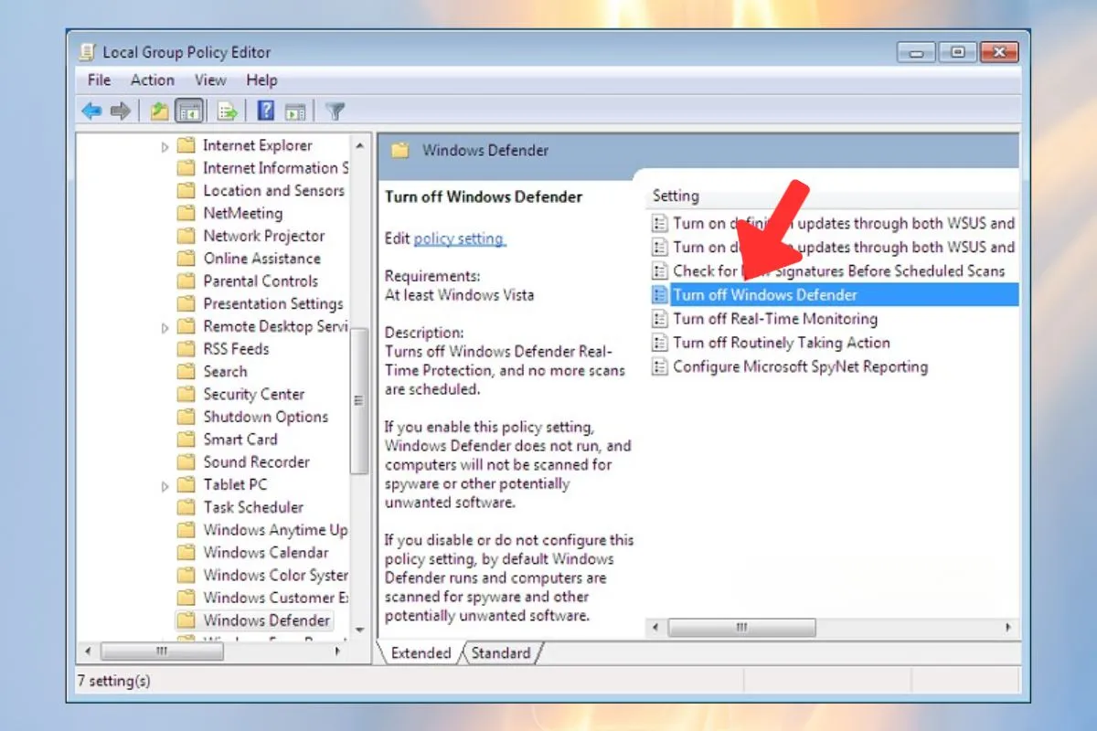 Cửa sổ thiết lập trạng thái cho phần mềm diệt virus win 7