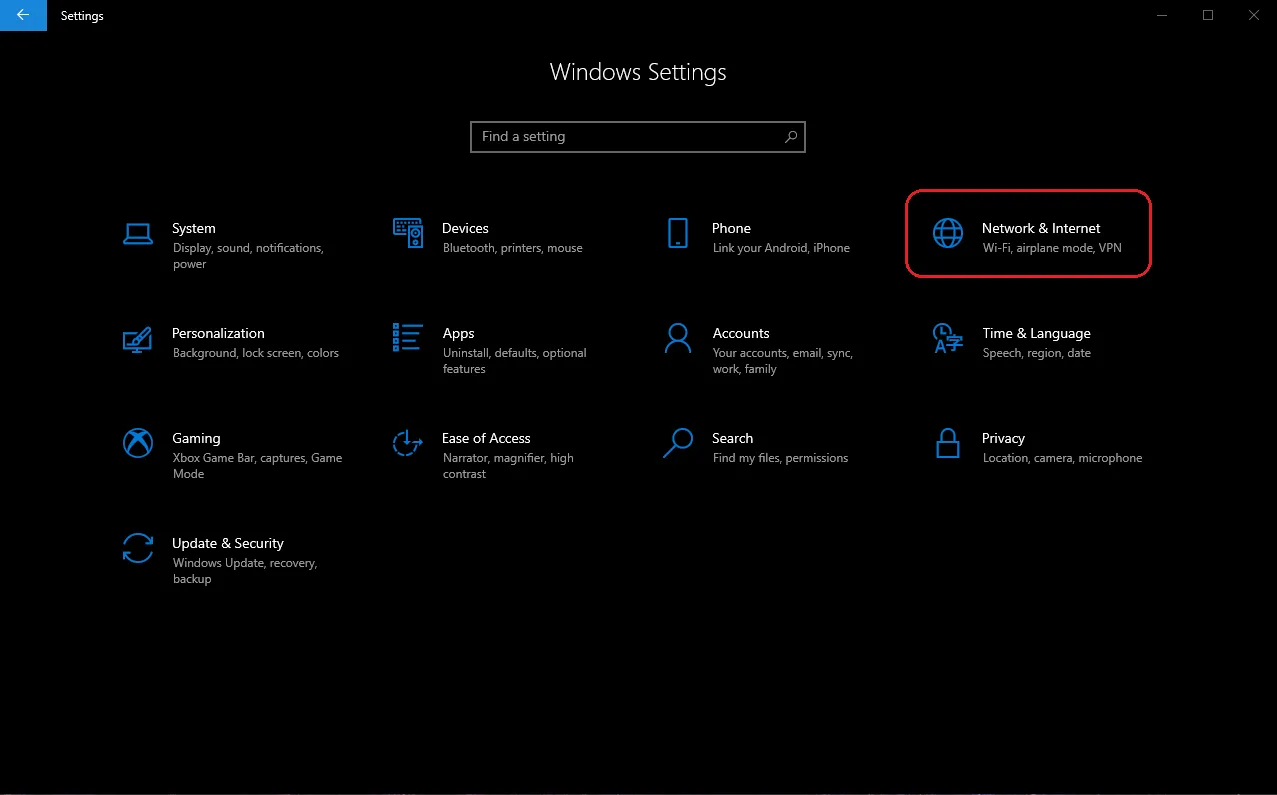 Truy cập mục Network và Internet trong Windows Settings để cấu hình wifi